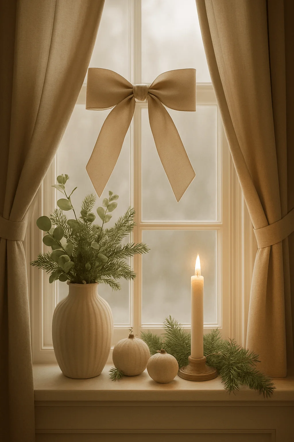 Cozy Christmas aesthetic window scene with a large beige bow greenery in a ceramic vase neutral decorative ornaments a glowing candle and soft curtains creating a warm holiday look