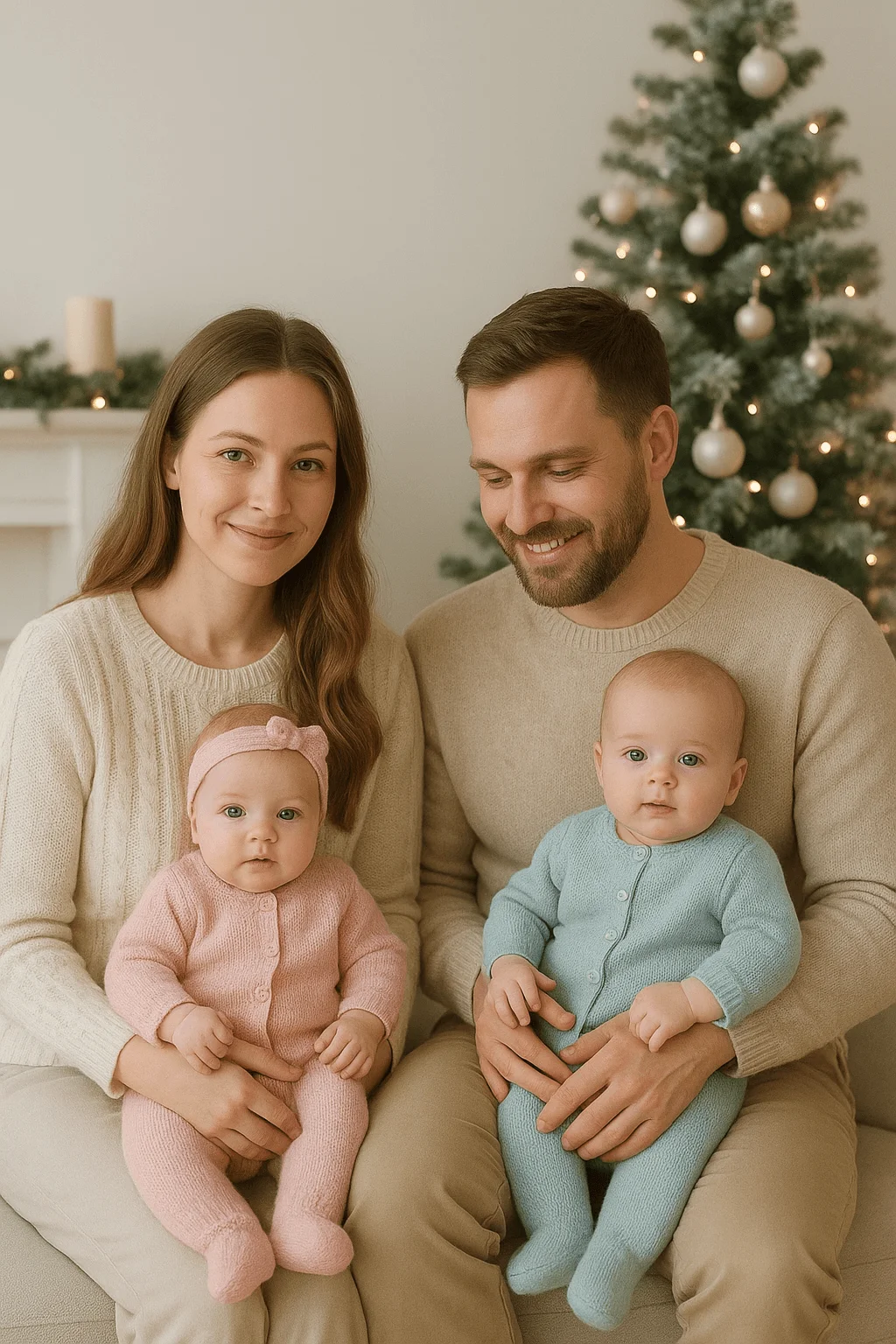 Parents in cozy cream sweaters sitting with two babies dressed in soft pastel knit outfits, one in pink and one in light blue, in front of a softly lit Christmas tree and neutral holiday décor.
