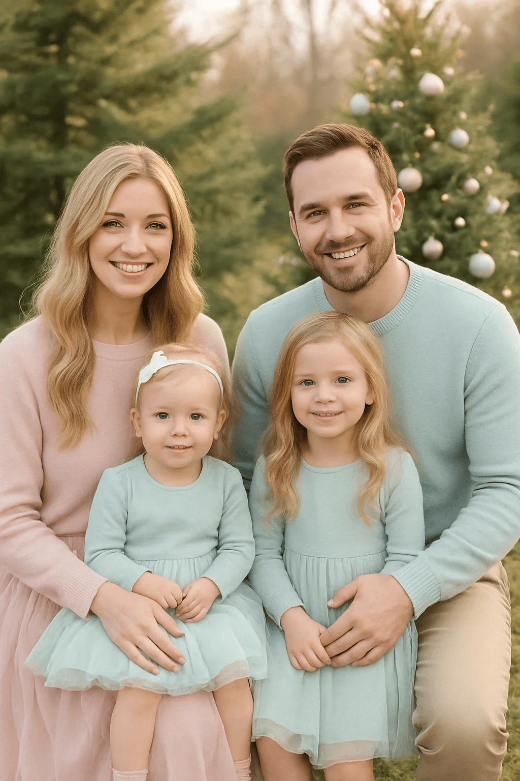A family of four poses outdoors in front of decorated Christmas trees. The mother wears a pink sweater and skirt, the father wears a light mint sweater, and their two young daughters wear matching mint dresses. All are smiling and sitting closely together in soft pastel-colored outfits, creating a calm and coordinated holiday portrait.