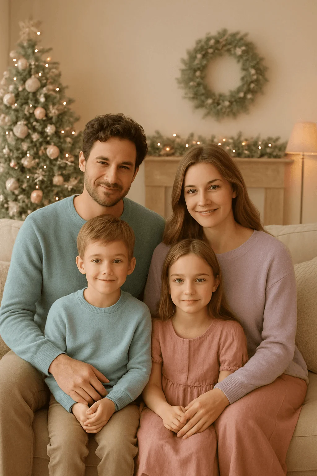 A family of four sits together on a couch in a softly lit living room decorated for Christmas, with a pastel-colored tree and wreath behind them.