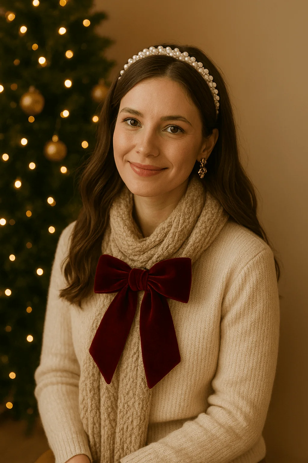 A woman sits indoors in front of a softly lit Christmas tree, wearing a cream sweater, a chunky knit scarf, and a large deep-red velvet bow, with a pearl headband and gold earrings