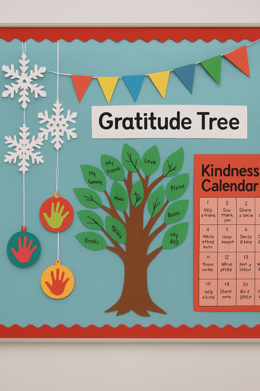 Classroom bulletin board featuring a gratitude tree with student written leaves kindness calendar colorful handprint ornaments paper snowflakes and bright banner decorations