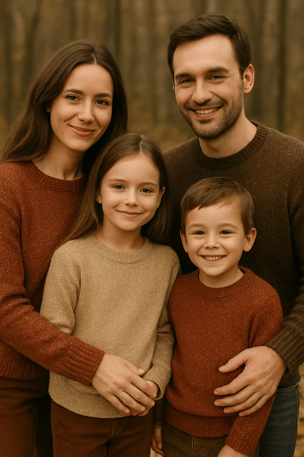 Family wearing cozy sweaters in warm earthy tones posing outdoors for a fall or Christmas photo, featuring coordinated rust, brown, and beige colors.