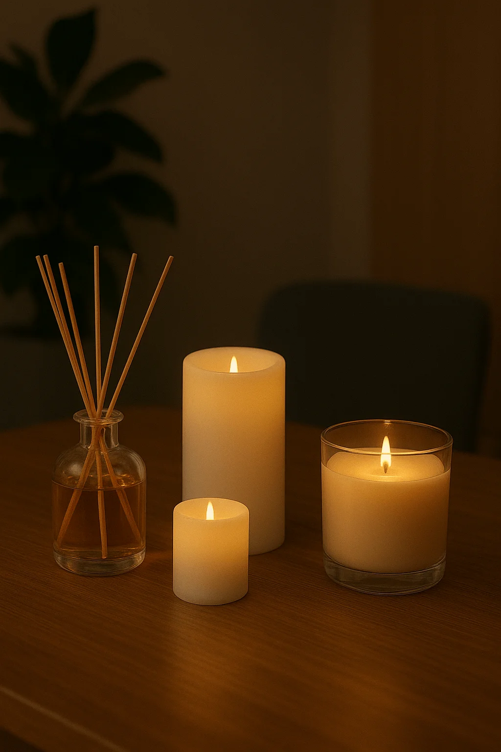 Warm table display with lit candles of different sizes and a reed diffuser in a glass bottle, creating a soft cozy glow in a dimly lit room.