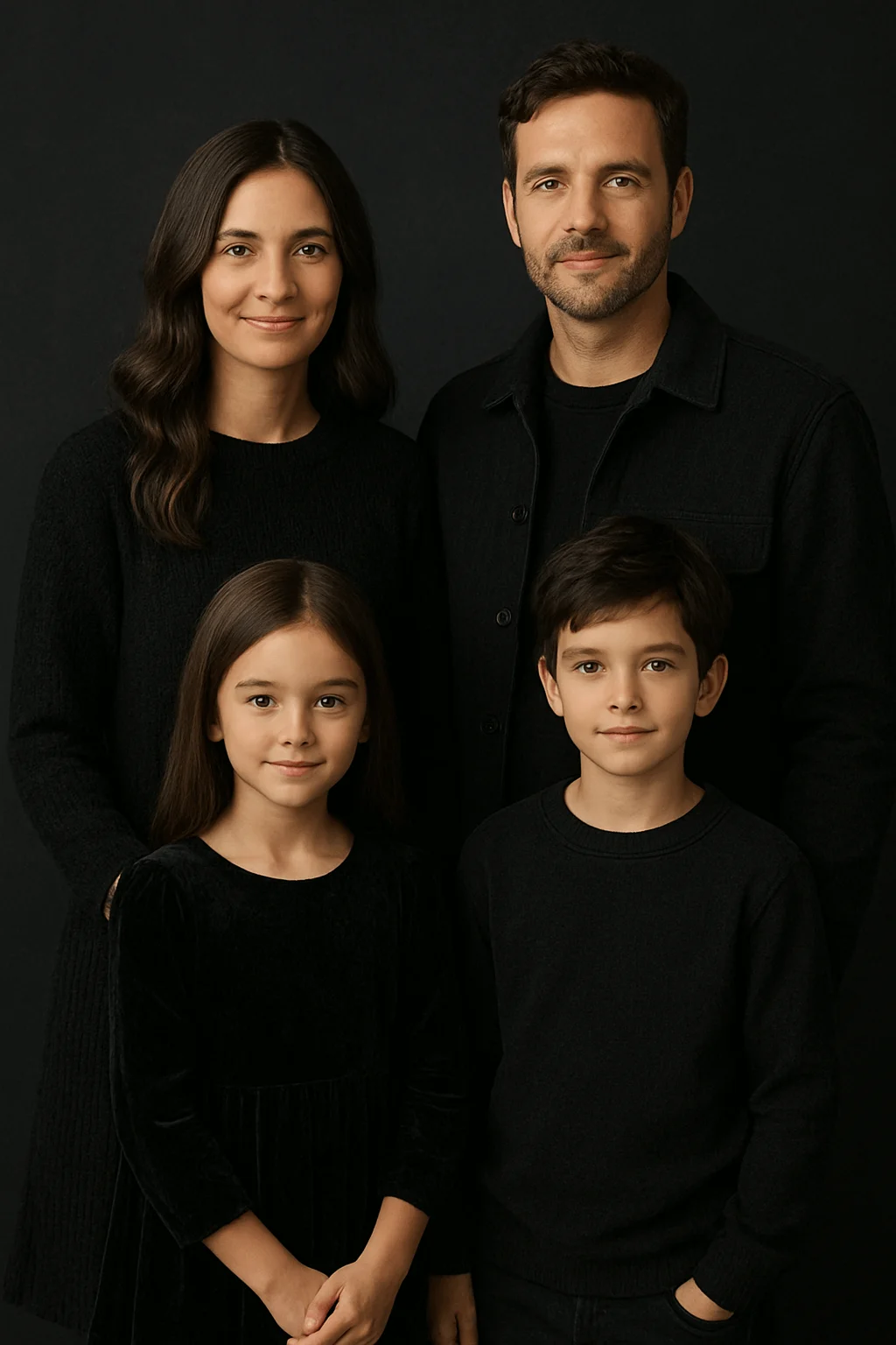 Family of four dressed in simple, coordinated black outfits posing together against a dark solid background.