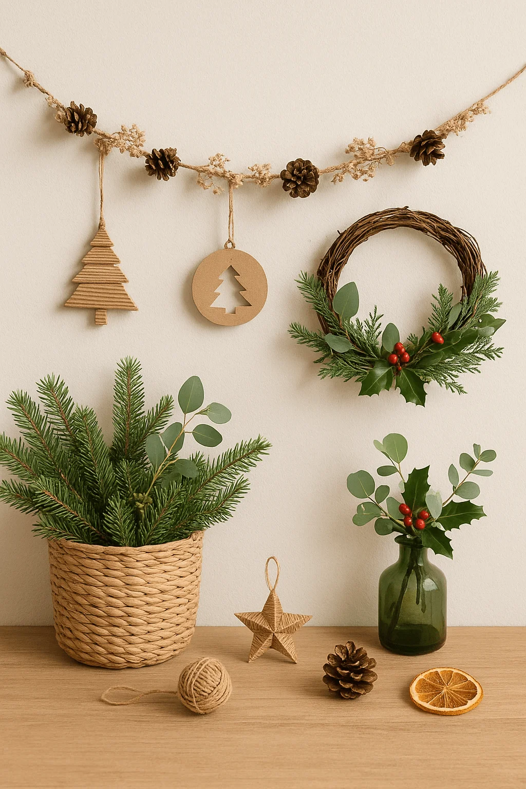 Natural Christmas decor with pinecone garland cardboard ornaments a small wreath greenery in woven and glass containers twine star and dried orange slice