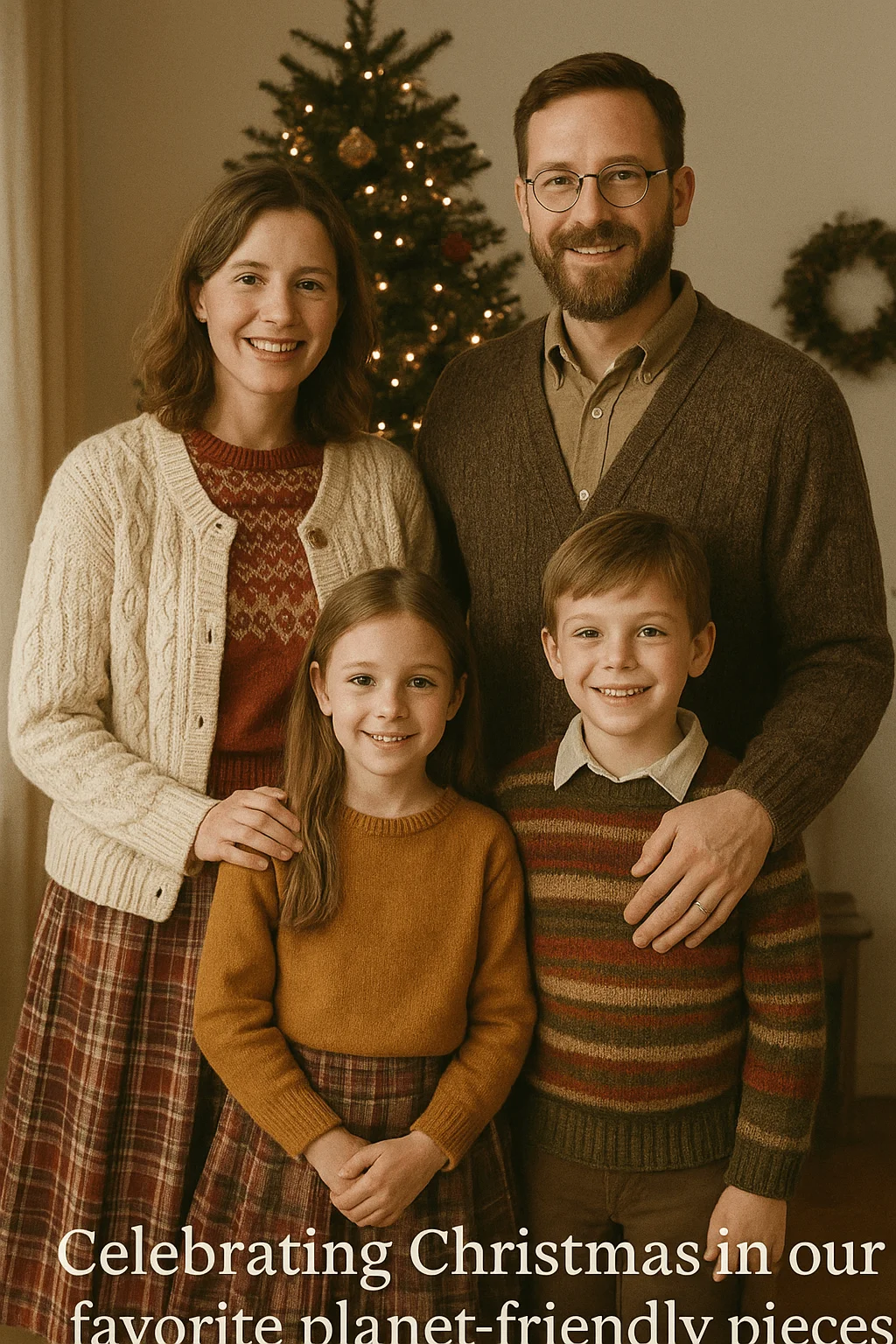 Family in warm earthy toned outfits standing together indoors with a decorated Christmas tree and holiday wreath in the background