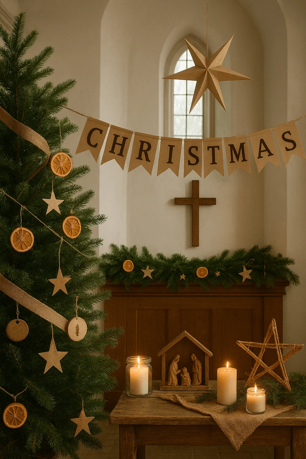 Natural Christmas church decor with dried orange ornaments wooden nativity candles greenery garland and rustic star banner