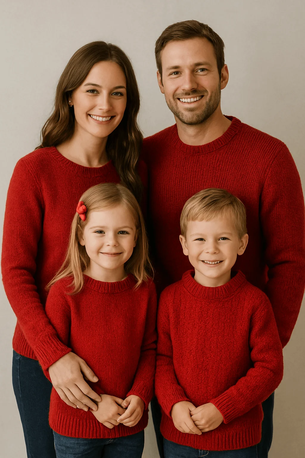 A smiling family of four wearing matching cozy red knit sweaters poses against a light neutral background. The mother and father stand behind their two young children, who also wear red sweaters, with the little girl sporting a red bow in her hair. All four coordinate with casual blue jeans, creating a warm and festive look.