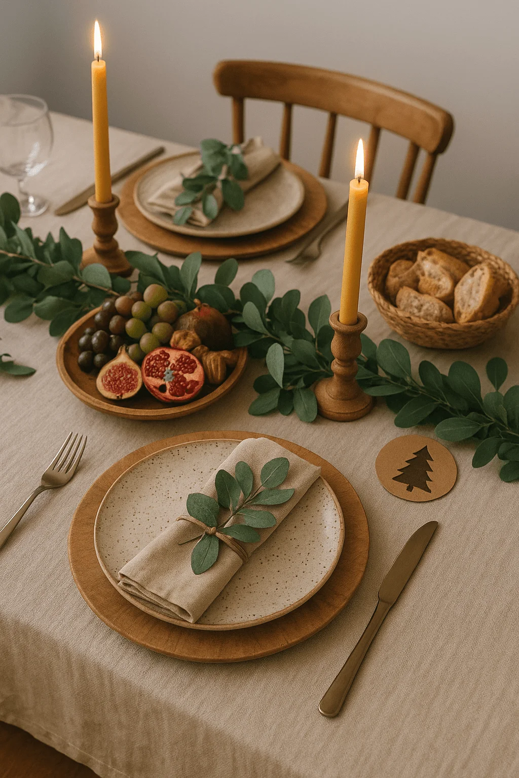 Natural Christmas table setting with wooden chargers, speckled ceramic plates, greenery garland, honey-colored candles, and a napkin wrapped with twine and eucalyptus leaves, surrounded by figs, grapes, and rustic bread.