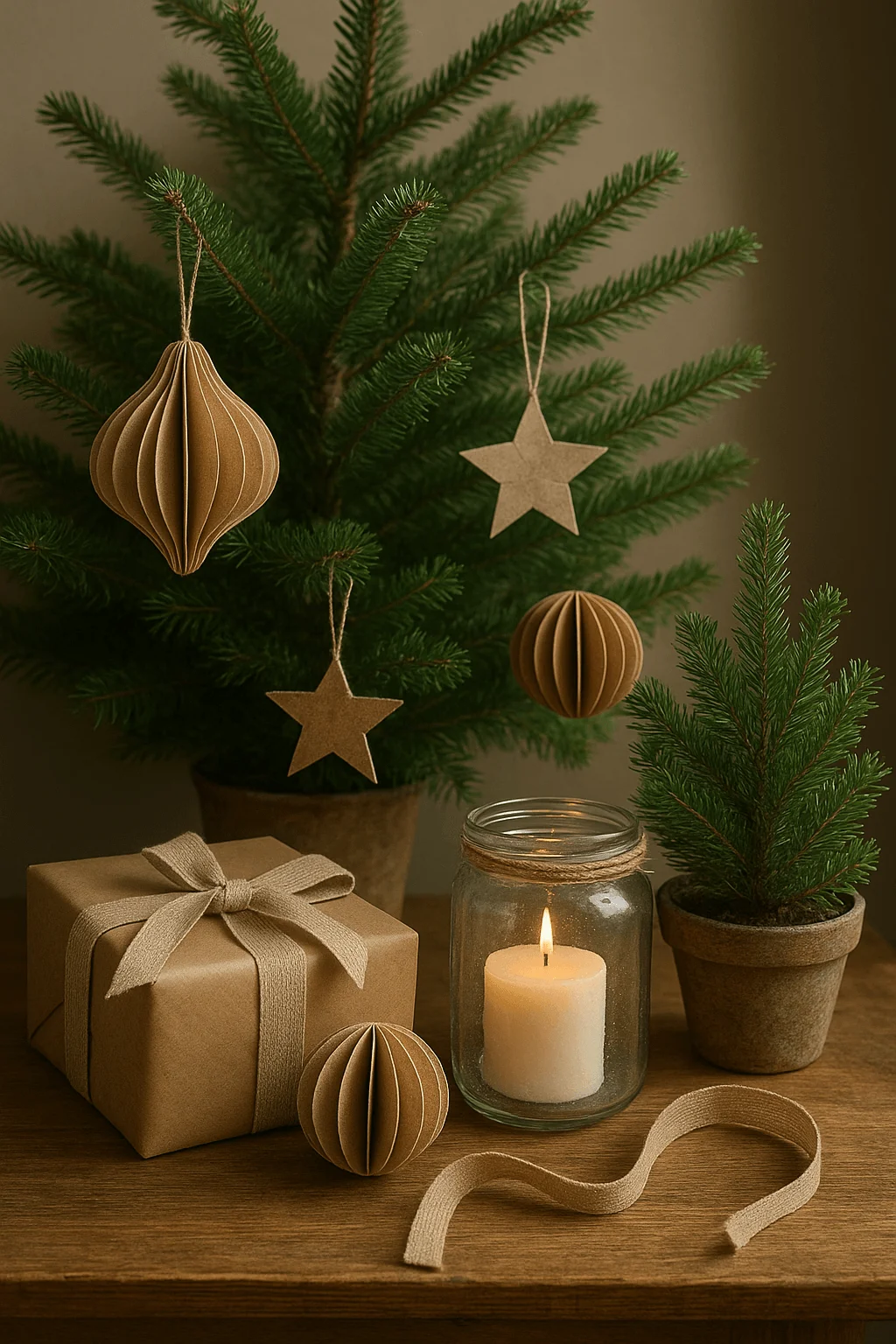 Natural holiday setup with mini evergreen trees, kraft paper ornaments and gift wrap, and a candle in a glass jar — evoking a calm, sustainable, and zero-waste Christmas aesthetic.