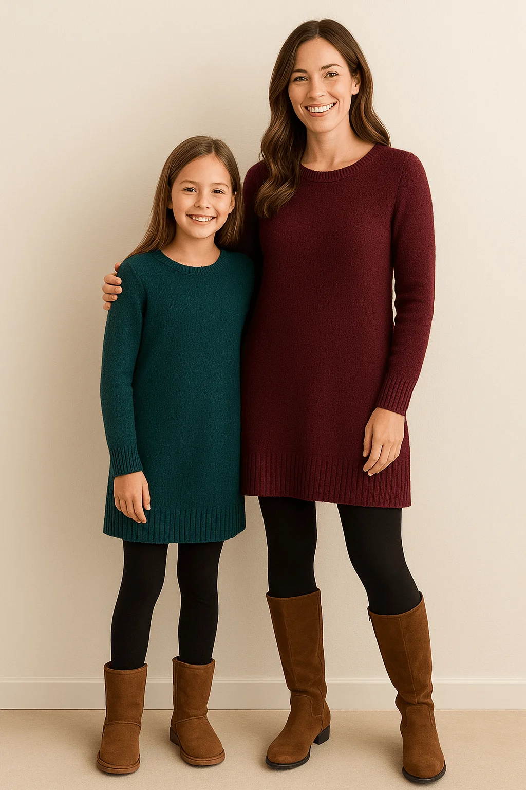 Mother and daughter wearing cozy knit sweater dresses with black leggings and brown boots, standing indoors against a neutral wall; adult in burgundy and child in deep teal, smiling side by side.