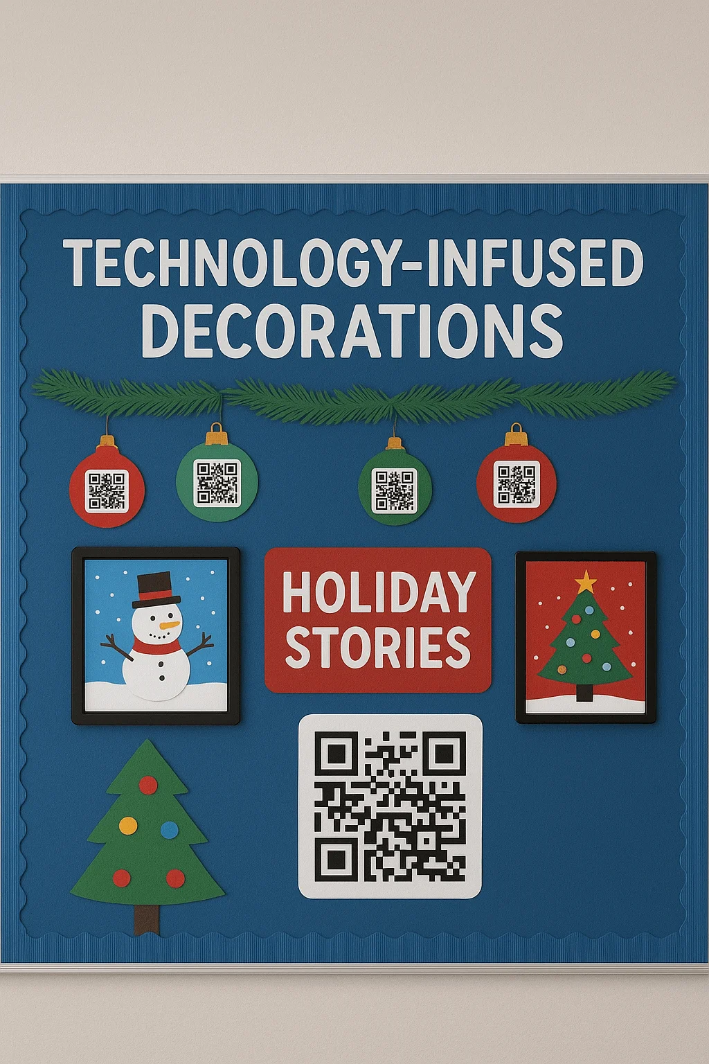 Classroom bulletin board titled ‘Technology-Infused Decorations’ featuring QR code ornaments hanging from pine garland, digital-style snowman and Christmas tree graphics, and a large QR code labeled ‘Holiday Stories’ on a blue background.