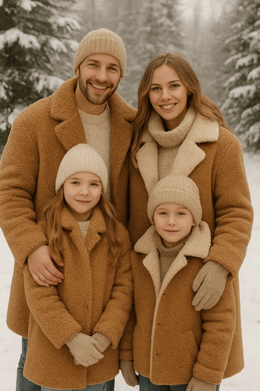Family winter portrait featuring parents and two children wearing matching tan teddy and faux-shearling coats with beige knit hats and gloves, standing outdoors in a snowy forest setting.