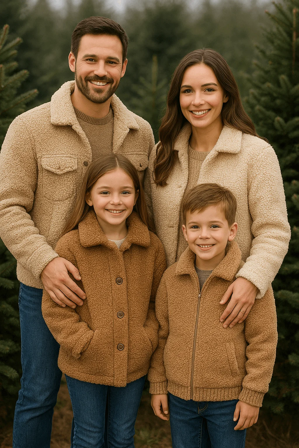 A family of four stands together outdoors in a Christmas tree farm, wearing cozy sherpa and teddy-style jackets. The parents wear matching cream-colored sherpa jackets, while the children wear light brown teddy jackets with jeans. All are smiling and standing closely, creating a warm, coordinated winter look.