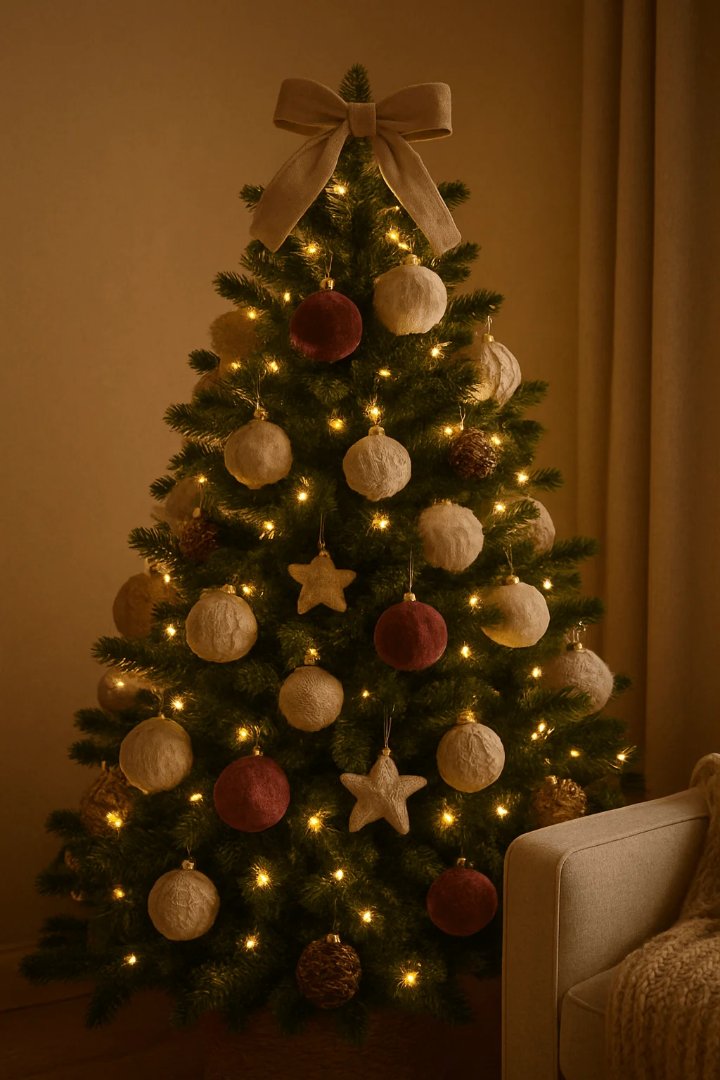 christmas tree decorated with large textured ornaments in neutral and burgundy tones burlap star toppers and beige ribbon bow with warm white lights in cozy layered style