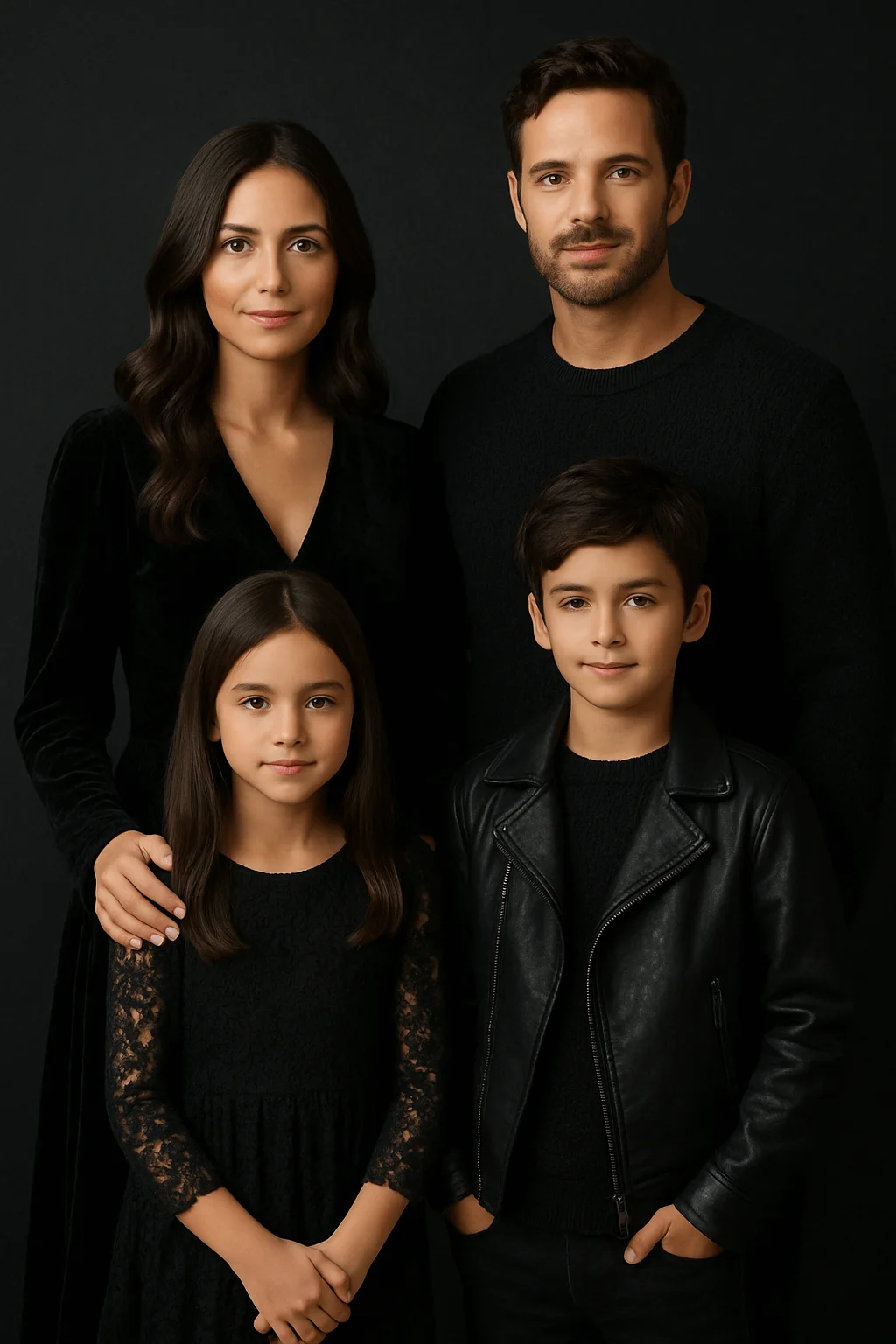 Family wearing coordinated textured black outfits posing against a dark studio background for a holiday portrait.
