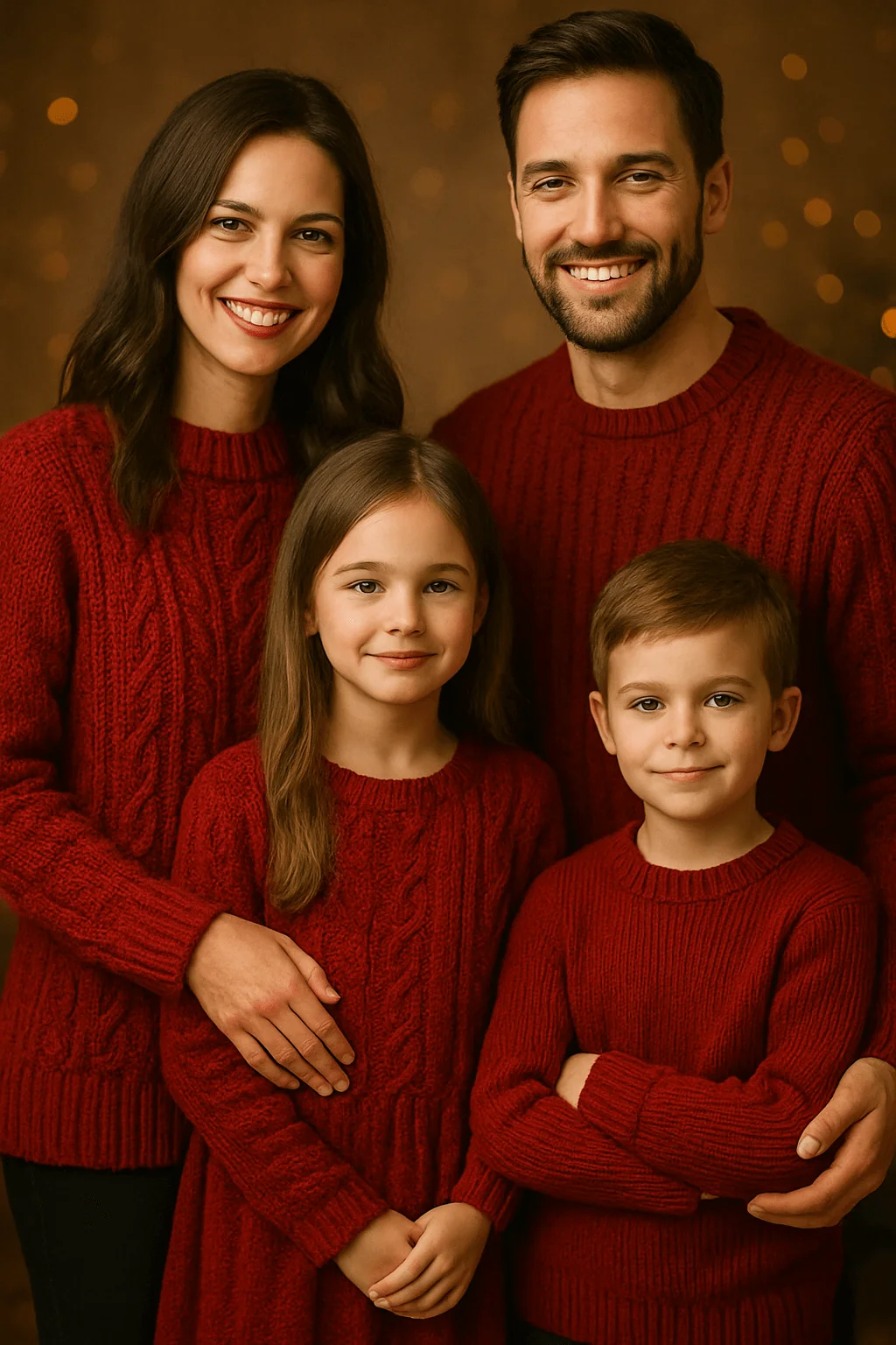 A family of four poses in matching textured red knit outfits against a warm, softly lit background with golden bokeh lights. The mother and father wear cable-knit sweaters, the daughter wears a red knit dress, and the son wears a red sweater while crossing his arms. The coordinated textures create a cozy and festive holiday portrait.