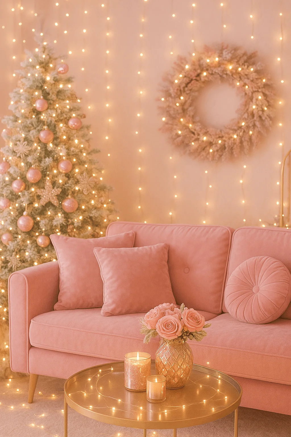 Pink Christmas living room decor with blush sofa, gold coffee table, candles, Christmas tree with pink ornaments, and fairy lights creating a cozy festive atmosphere