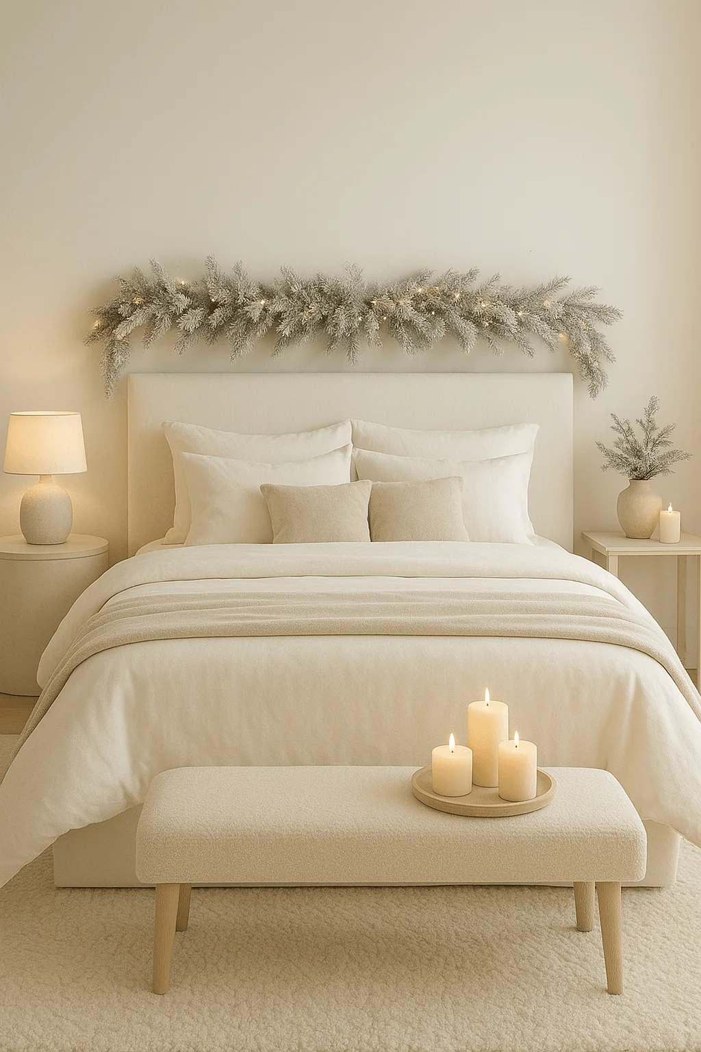 Minimalist white bedroom with soft neutral bedding, candles, and frosted garland decor creating a serene cozy holiday atmosphere