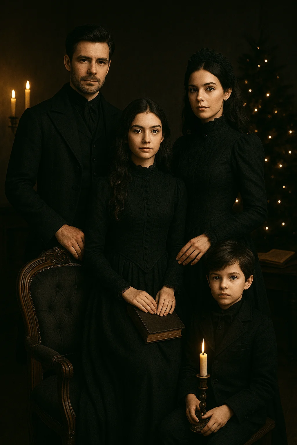 Family of four dressed in vintage-style black clothing posing in a dimly lit room, with warm candlelight and a softly glowing Christmas tree in the background.