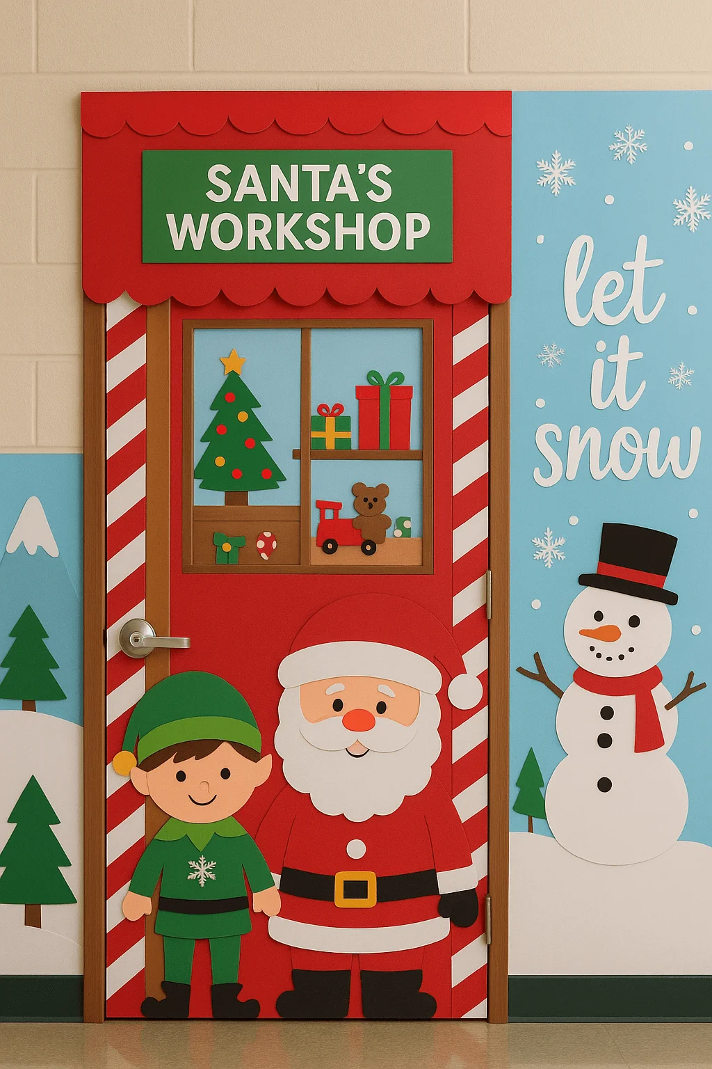 Santa’s workshop themed classroom door decorated with Santa an elf candy cane stripes Christmas toys and a snowy let it snow wall with a snowman