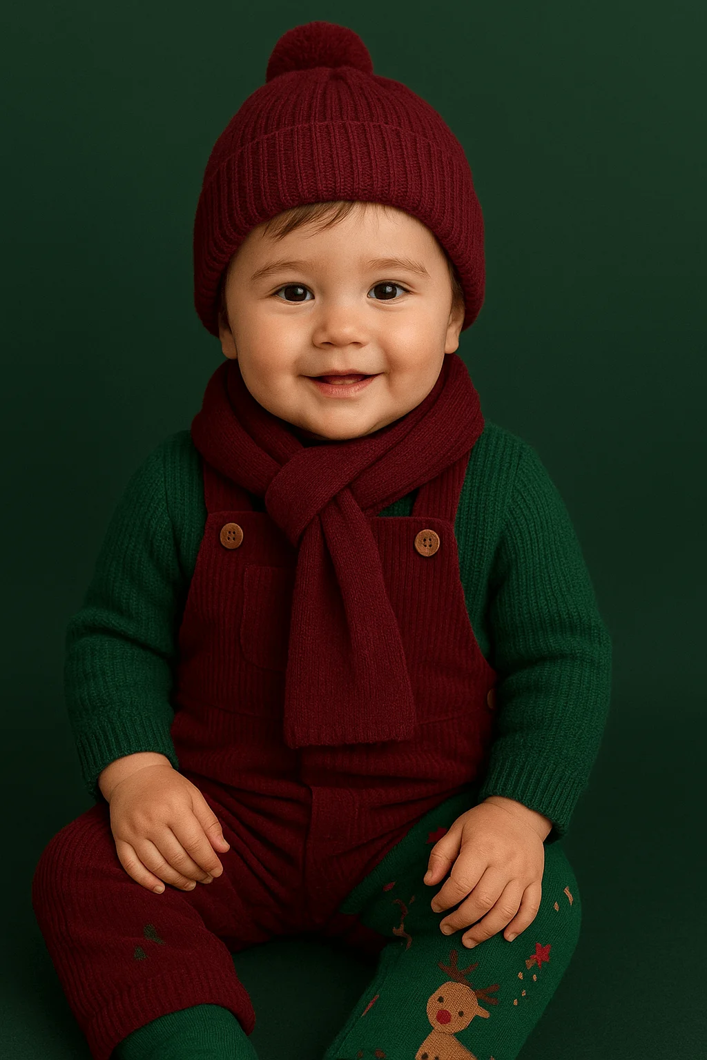 A smiling baby dressed in a burgundy knit hat, scarf, and overalls with a green ribbed sweater and festive green leggings featuring reindeer designs, seated against a dark green background.