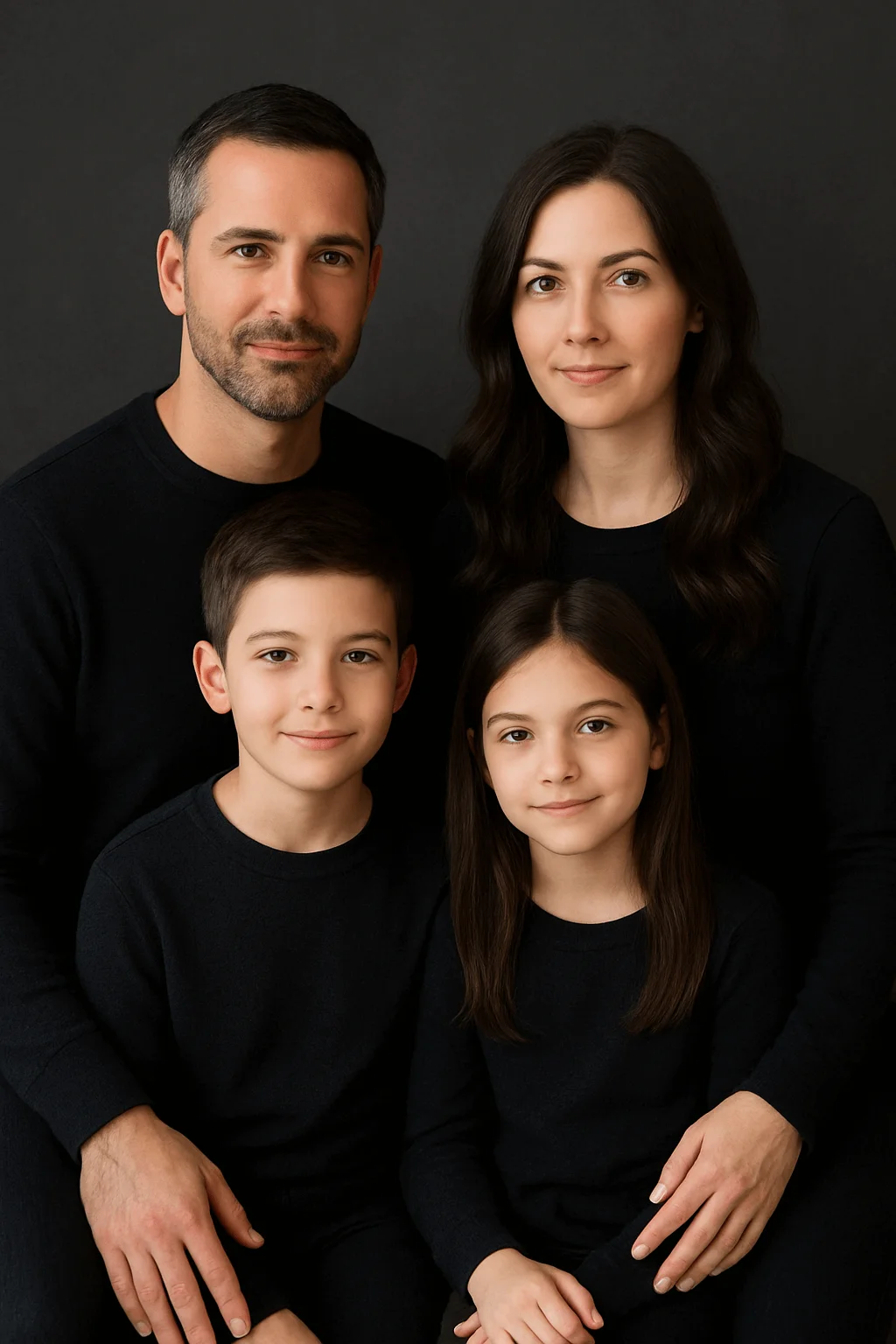 Family wearing matching black tonal outfits posing closely together against a dark studio background for a holiday portrait.