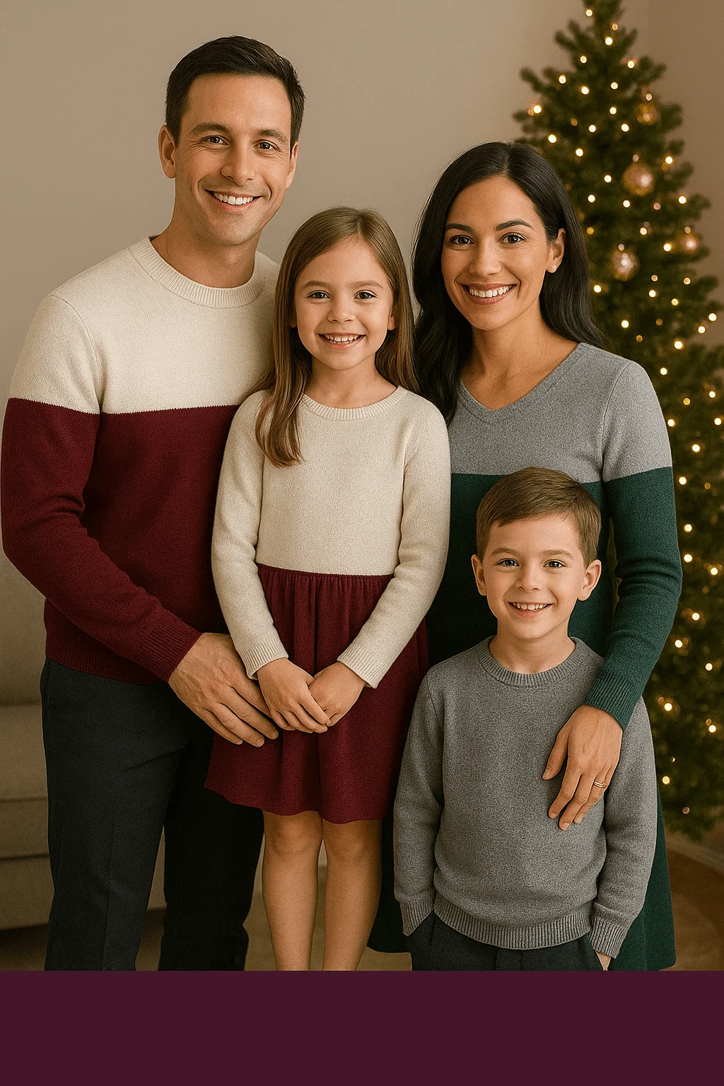 A family of four stands indoors in front of a Christmas tree, wearing coordinated color-block outfits in shades of cream, burgundy, gray, and green, all smiling warmly at the camera.