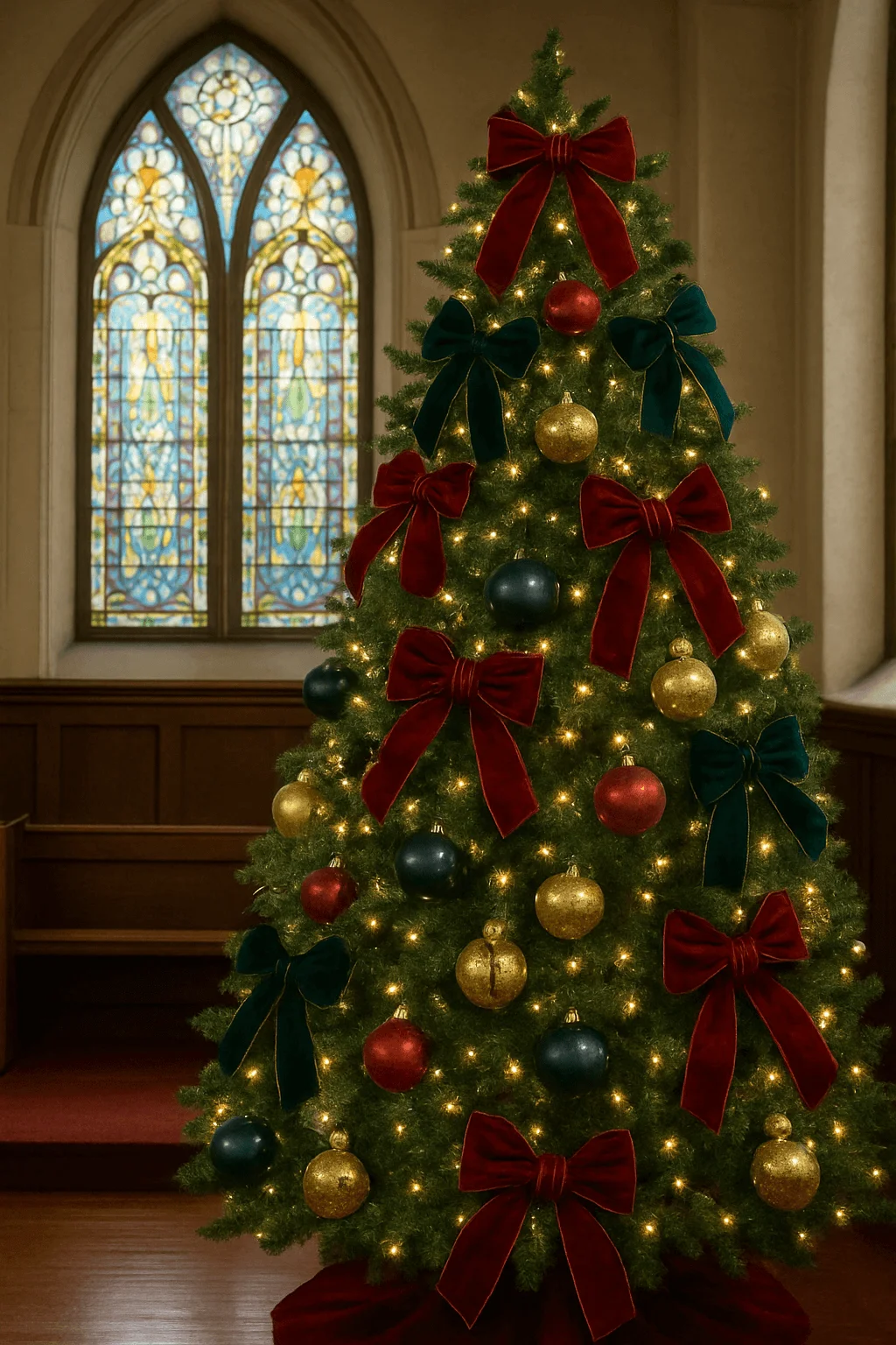 Christmas tree in a church decorated with large velvet bows in deep red and green, gold and red ornaments, and warm string lights, positioned in front of stained glass windows.