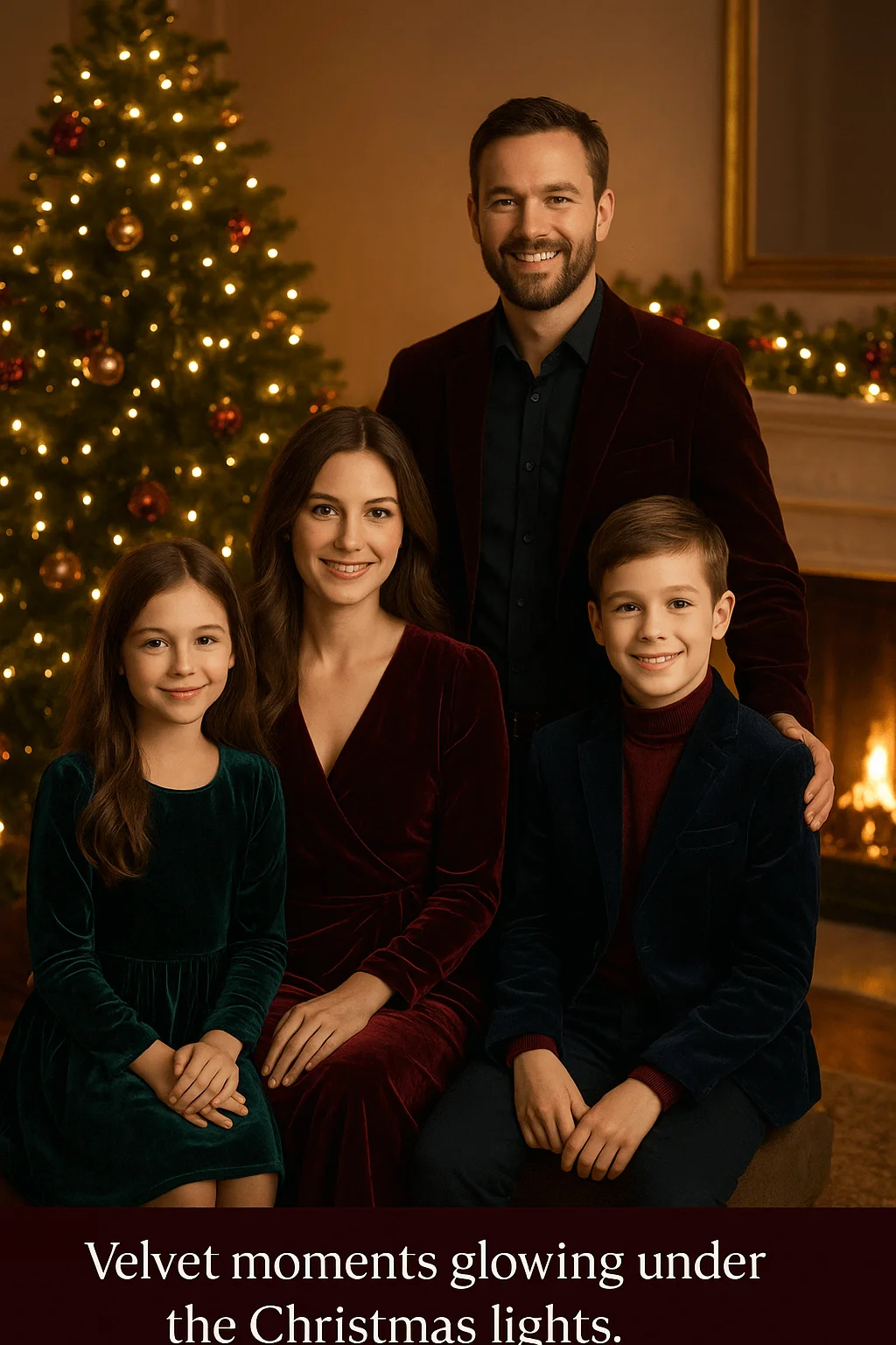Family dressed in elegant velvet outfits posing indoors with a glowing Christmas tree and warm fireplace in the background
