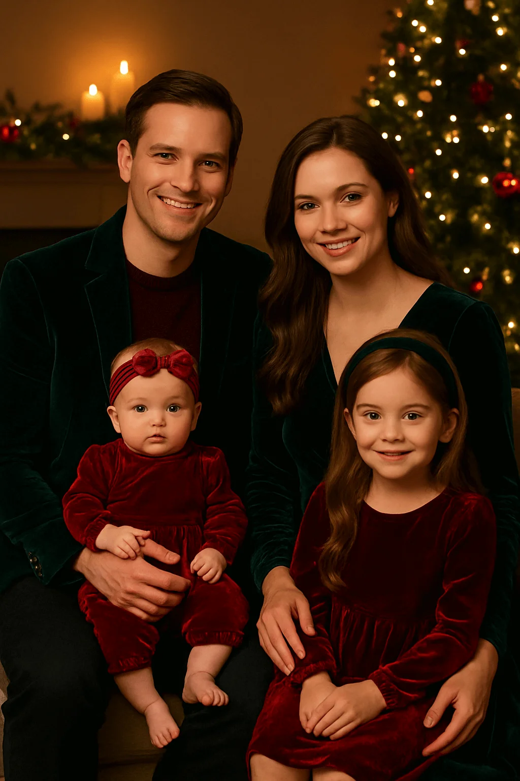 Family dressed in coordinated emerald green and deep red velvet outfits, sitting together indoors with a glowing Christmas tree and holiday candles in the background.