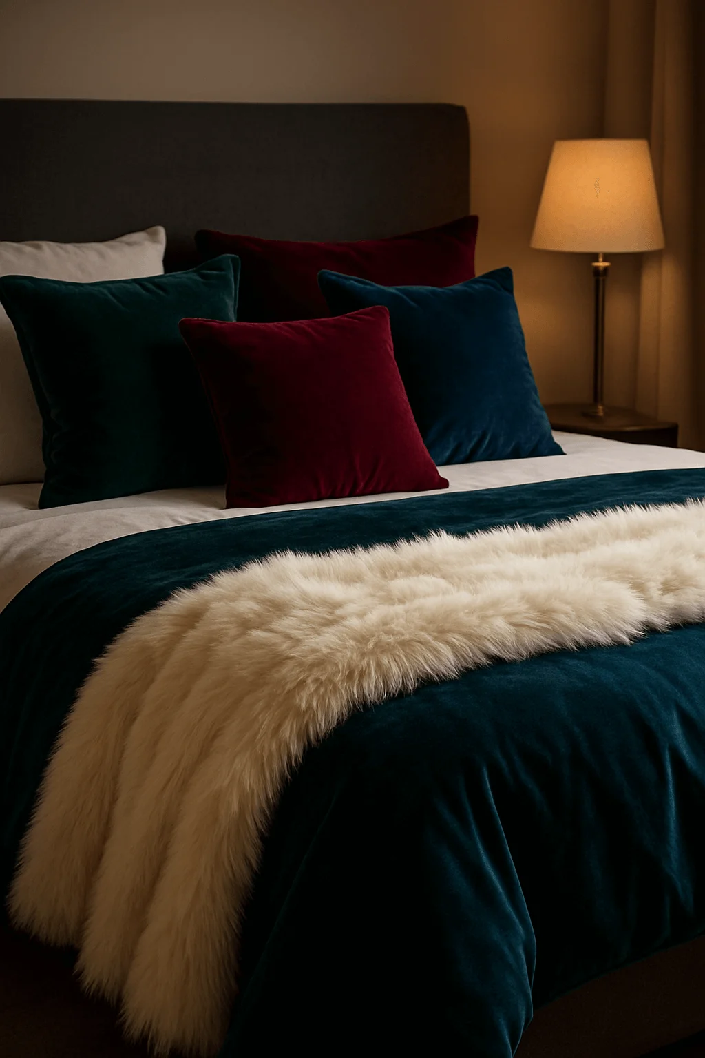Luxurious bedroom with velvet bedding in deep jewel tones, faux fur throw, and soft lamp lighting creating a warm elegant atmosphere