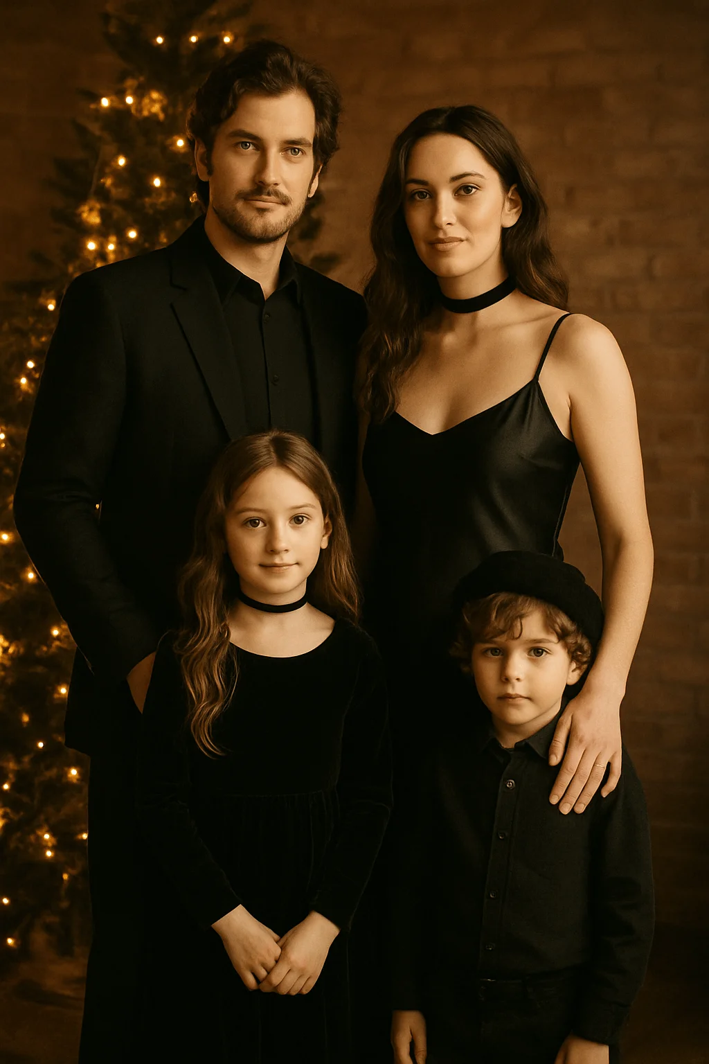 Family of four dressed in coordinated black outfits standing together in warm, vintage-style lighting with a softly lit Christmas tree in the background.