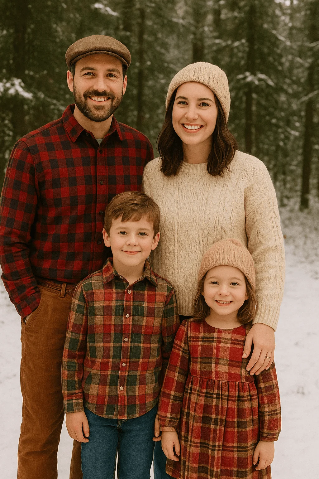 Family wearing coordinated vintage-style plaid outfits posing outdoors in a snowy forest; adults in warm knit and flannel layers with hats, and children in matching red and green plaid clothing, smiling together.