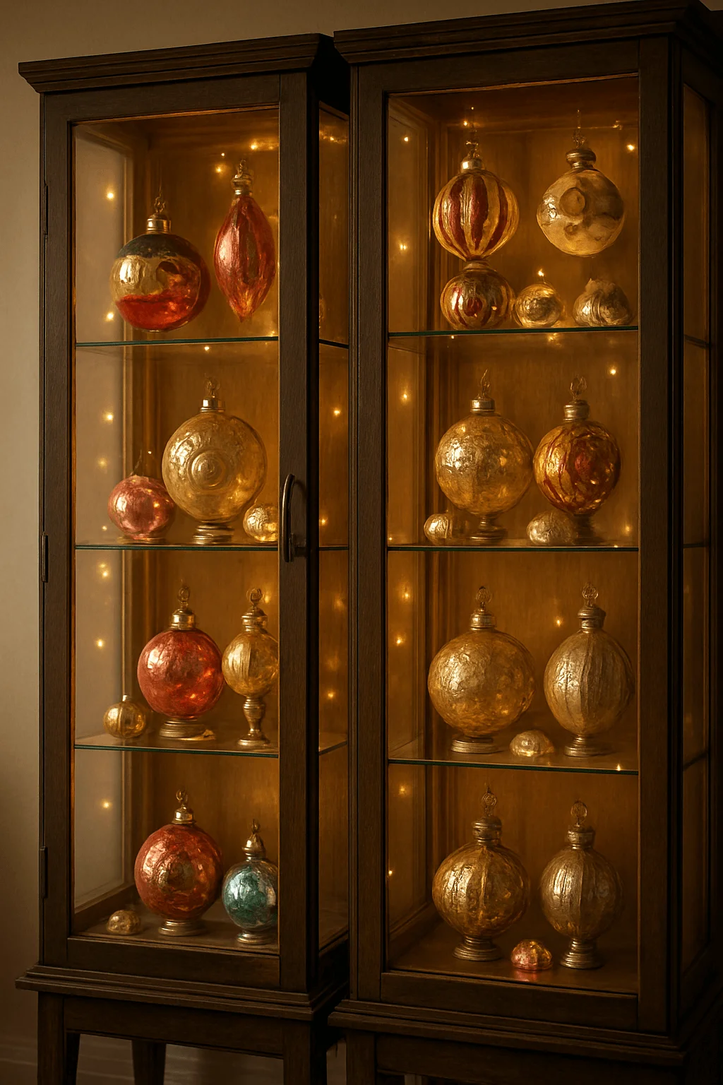 Vintage-style Christmas ornaments in warm gold and red tones displayed inside glass cabinets with soft string lights illuminating the shelves
