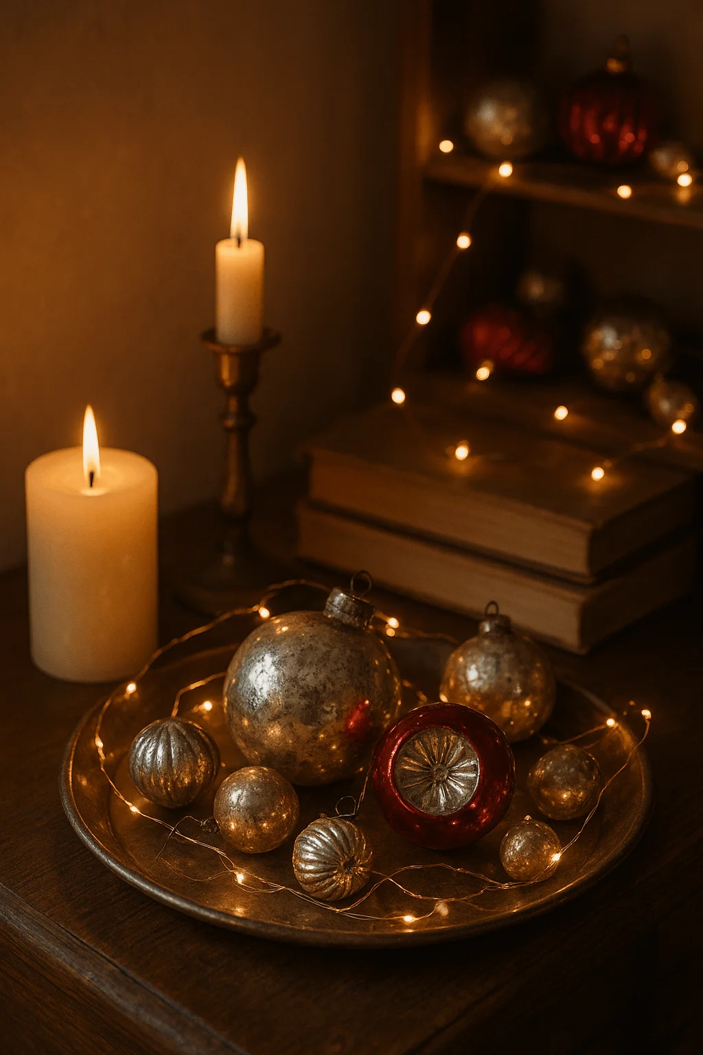 Vintage Christmas decor with candles, string lights, and metallic ornaments on a wooden table creating a warm nostalgic holiday ambiance