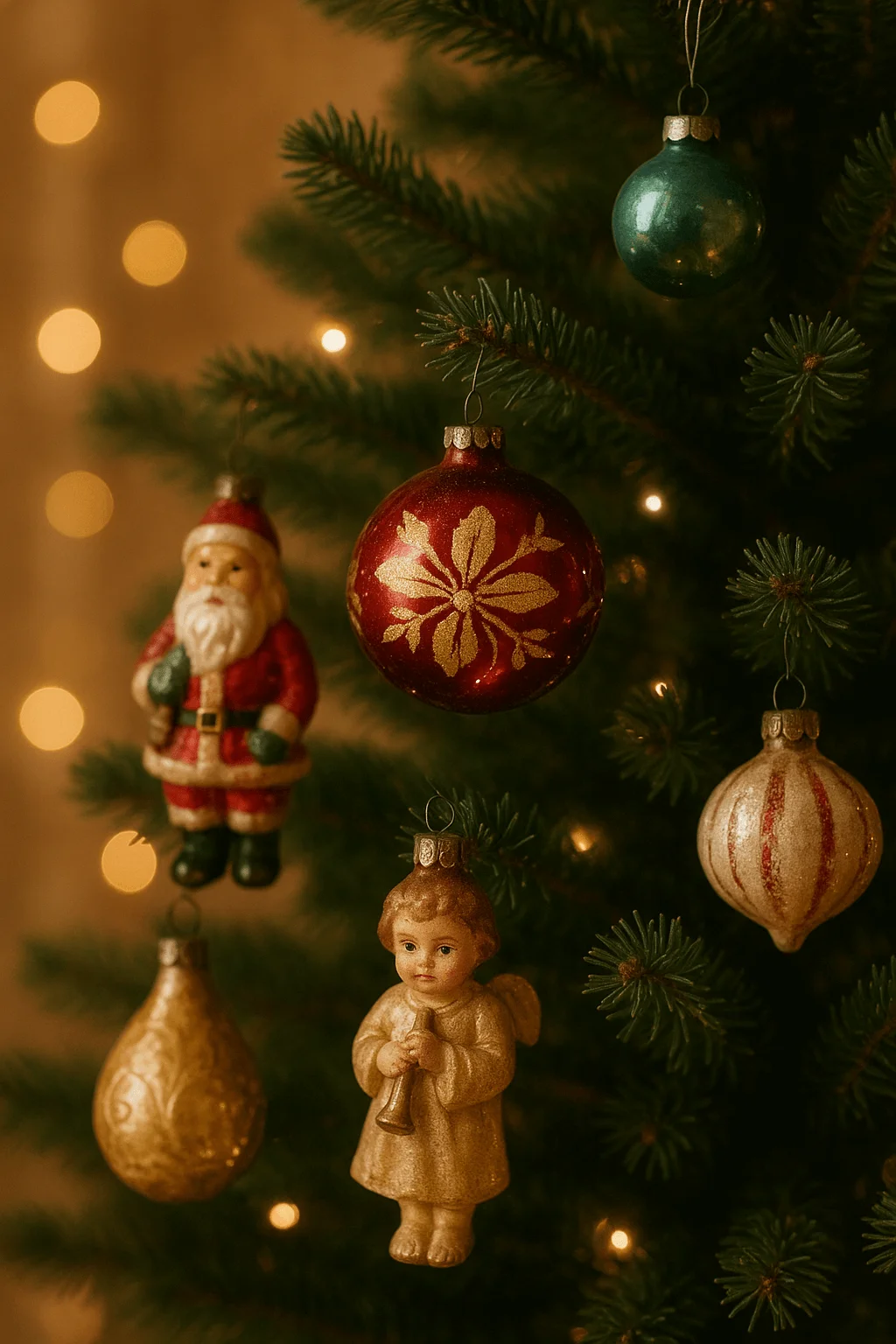 Vintage style Christmas tree ornaments featuring Santa figurines an angel gold teardrop baubles and a red ornament with gold floral design hanging on a softly lit evergreen tree
