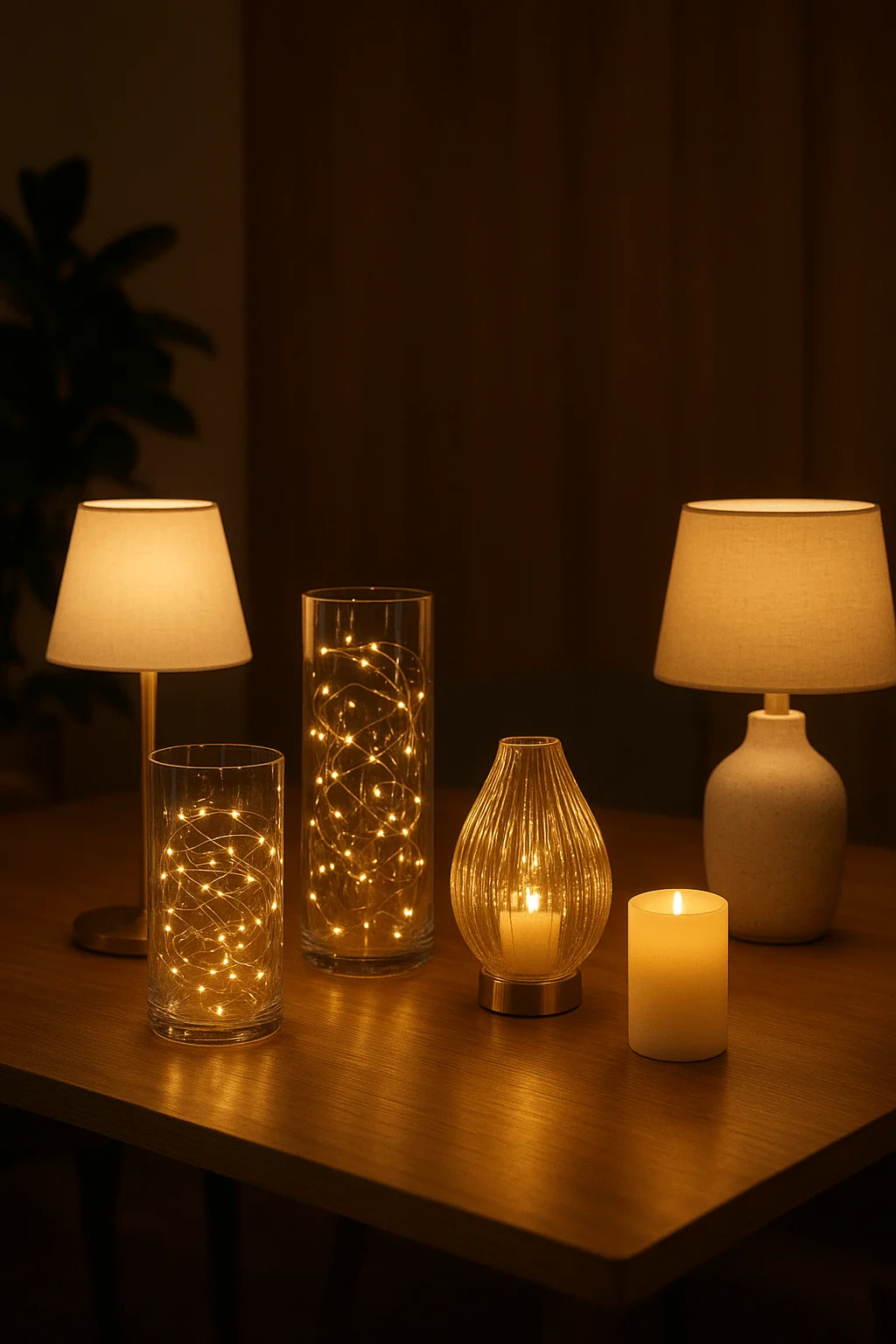 Warm office Christmas lighting display featuring two table lamps glass jars filled with string lights and a glowing candle clustered on a wooden table