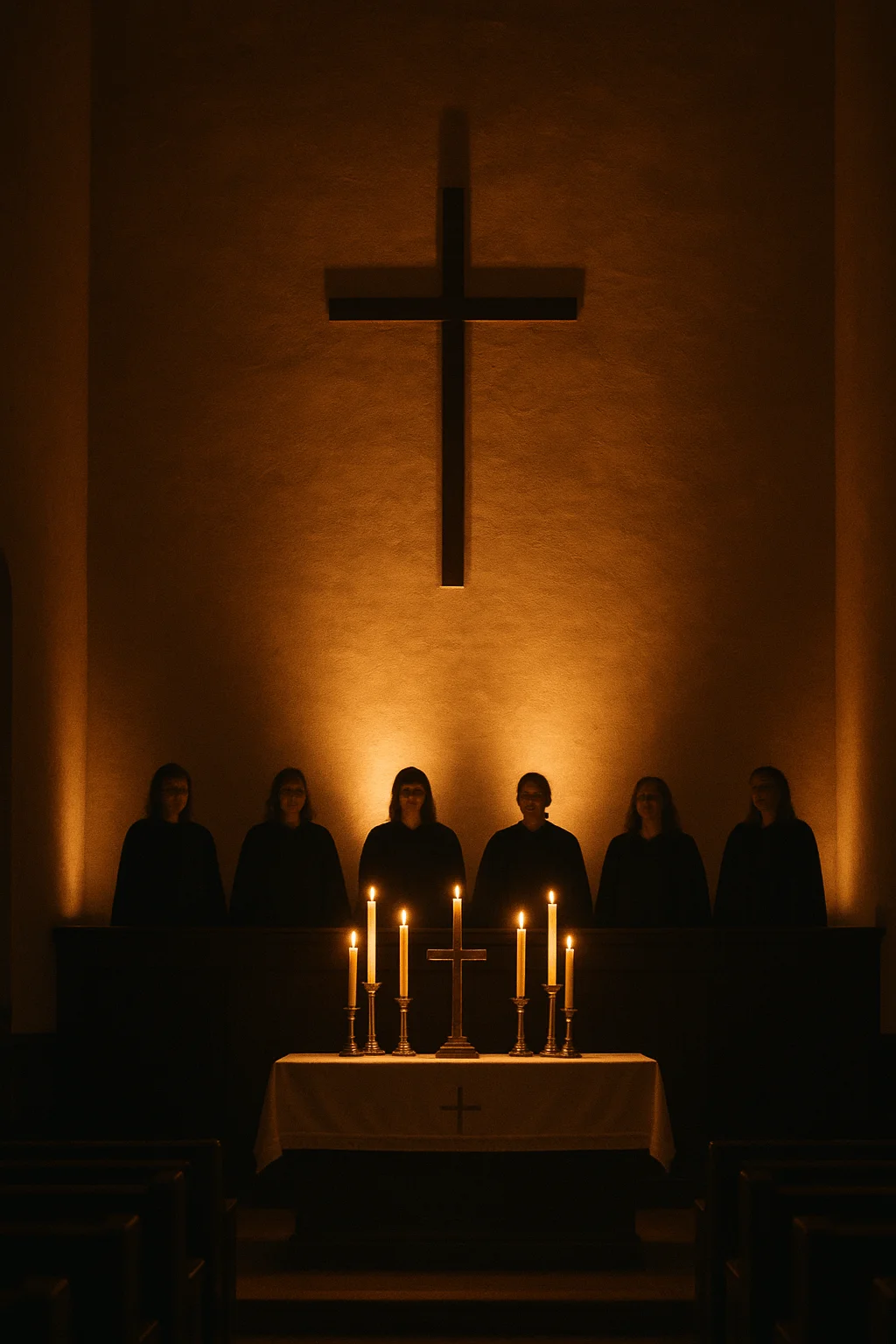 Candlelit church altar with choir standing under illuminated cross in warm Christmas worship setting
