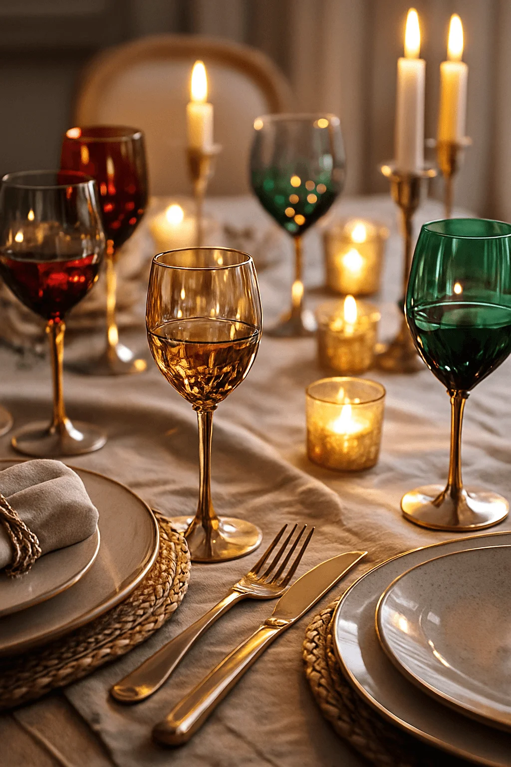 Warm holiday table with gold flatware, woven placemats, lit candles, and colored glassware in red, green, and amber tones for a festive Christmas dinner setting.