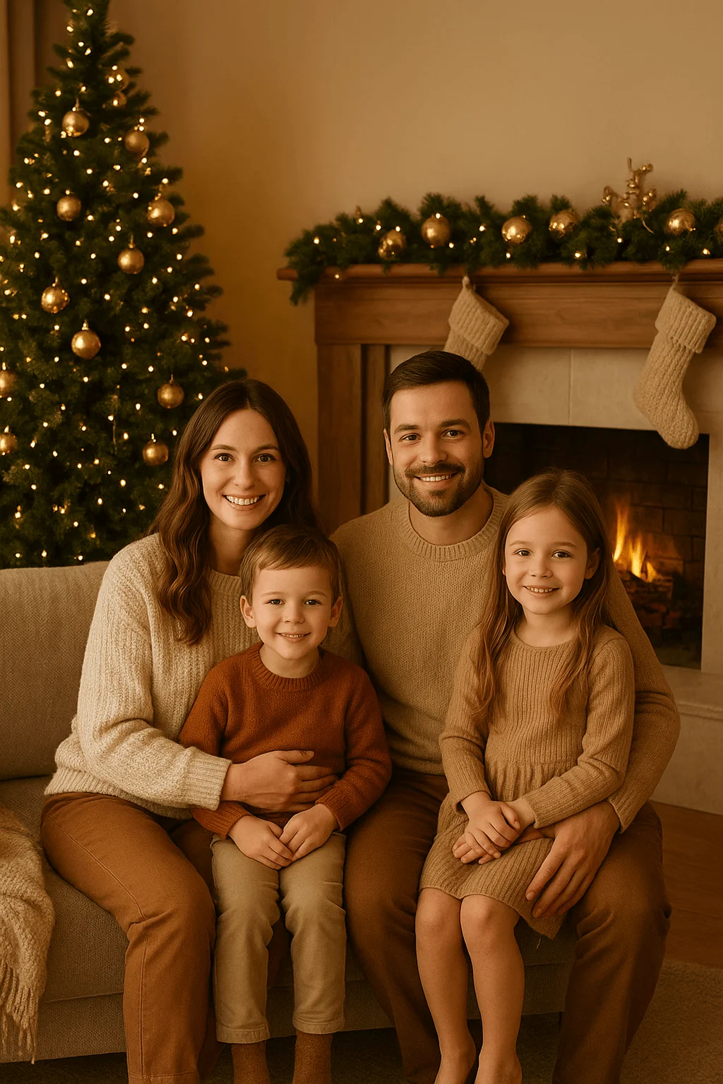 Family in warm neutral outfits sitting together by a decorated Christmas tree and cozy fireplace indoors