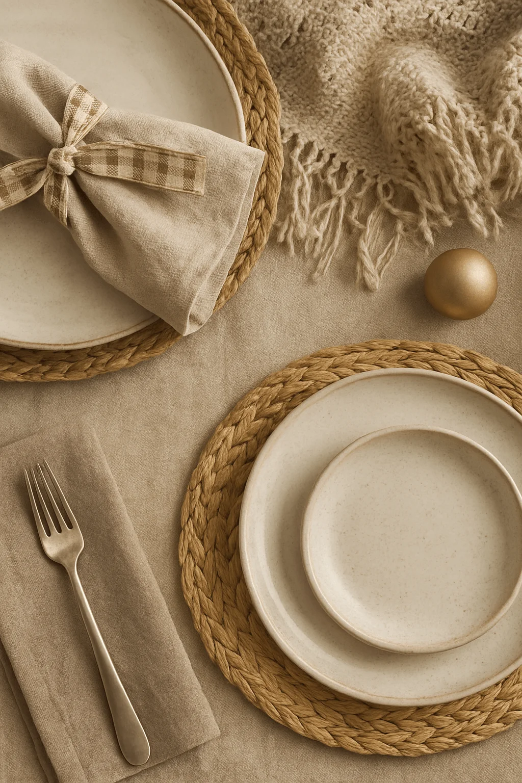 Warm neutral holiday table setting featuring woven jute placemats, cream ceramic plates, a beige linen napkin tied with a checked ribbon, soft textured throw, and a matte gold ornament for a cozy minimalist look.