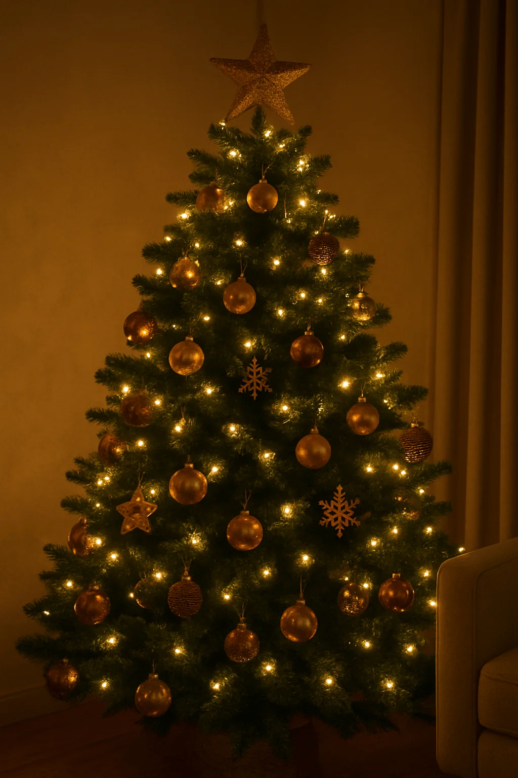 christmas tree decorated with gold ornaments warm white fairy lights and star topper creating cozy holiday ambiance