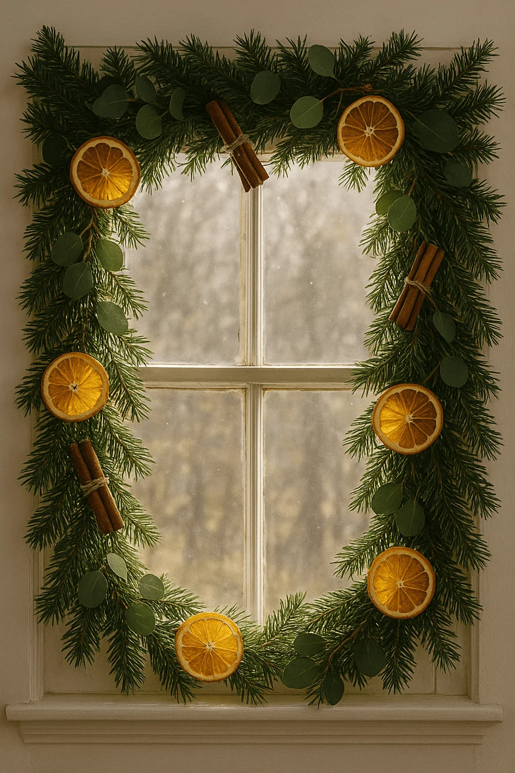 Christmas window decorated with a natural green garland featuring dried orange slices eucalyptus leaves and bundles of cinnamon sticks creating a warm rustic holiday look