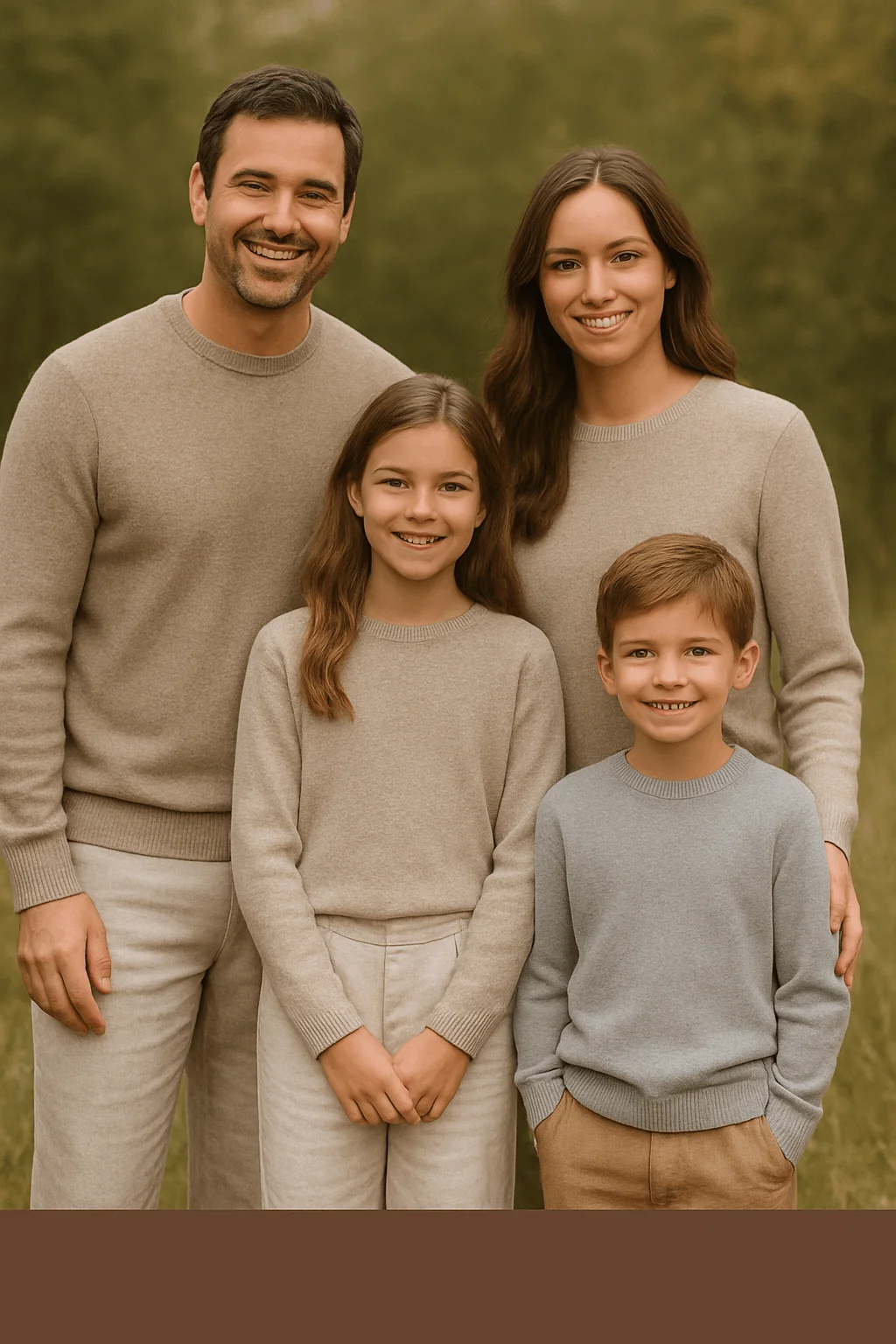Family wearing neutral wool sweaters and light linen-style pants posing outdoors; parents and daughter in beige tones and young boy in a soft gray sweater with tan trousers, smiling together in a natural greenery background.