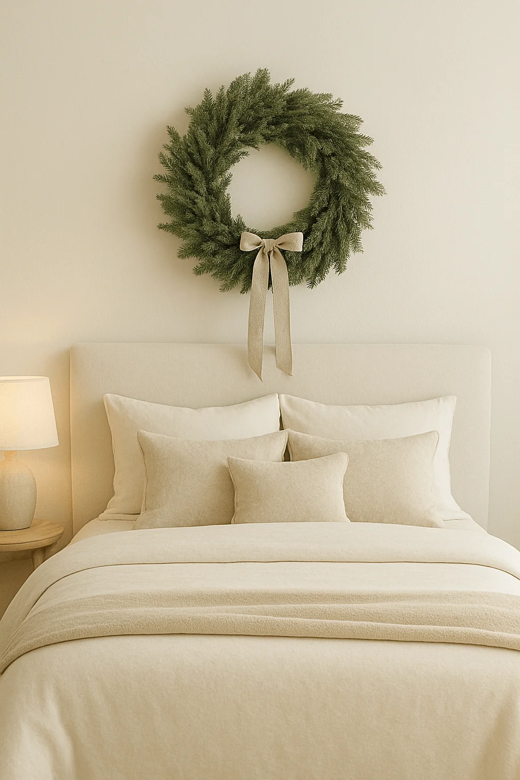 A minimalist and elegant bedroom holiday look, featuring a lush green wreath with a neutral ribbon centered above a cream-toned bed. The soft textures, warm lighting, and restrained palette evoke calm sophistication, a perfect example of understated seasonal décor.