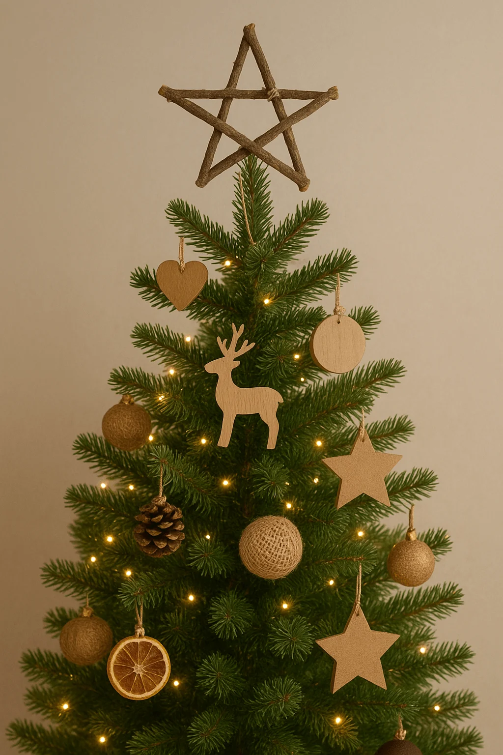 christmas tree decorated with natural eco friendly ornaments including wooden stars reindeer shapes pinecones burlap balls and dried orange slices topped with a twig star