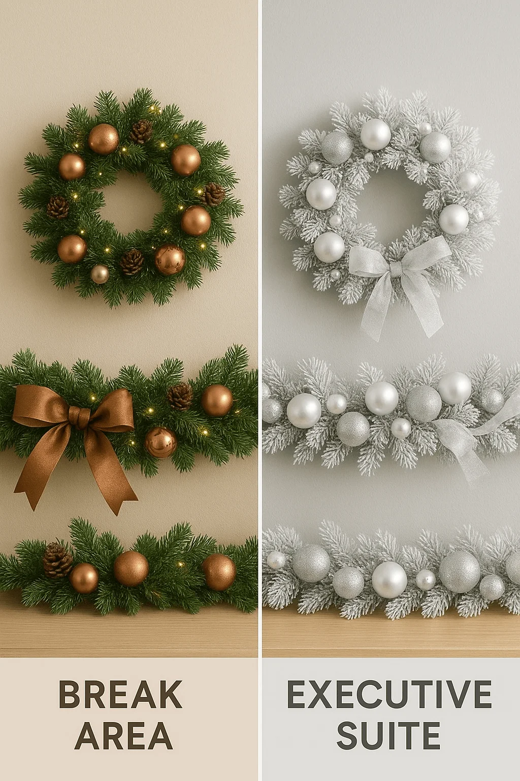 Side-by-side holiday wreath and garland styles showing a warm bronze and pine design labeled “Break Area” on the left, and a frosted silver and white ornament design labeled “Executive Suite” on the right.