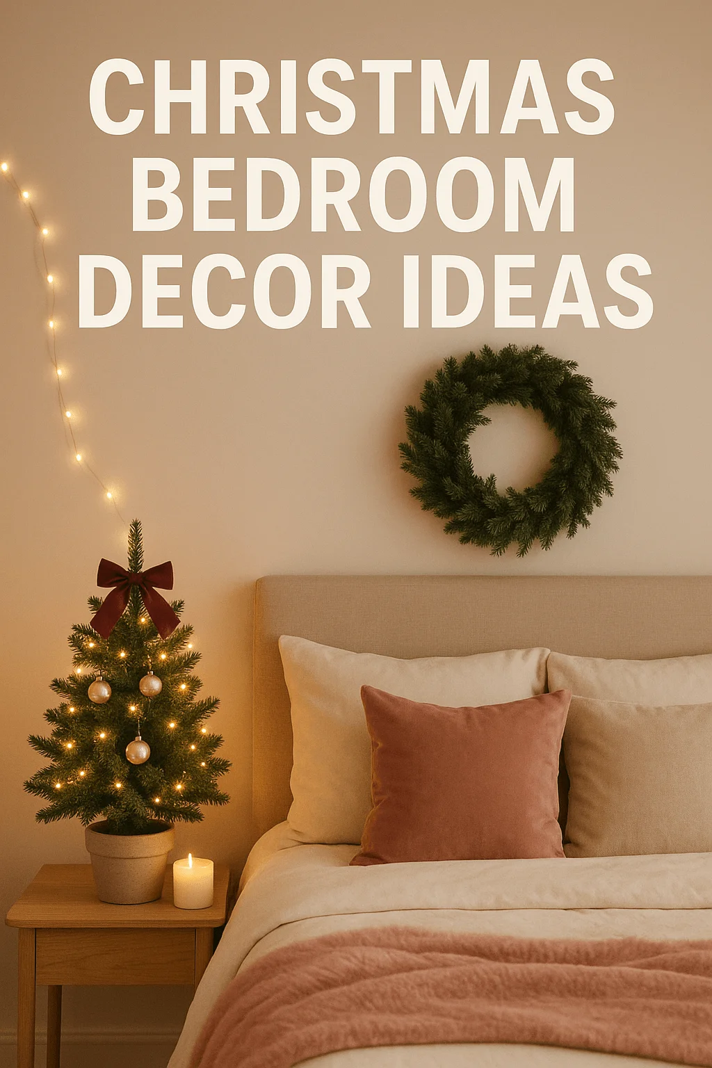 Christmas bedroom decor ideas with cozy bed wreath and small Christmas tree with lights and ornaments